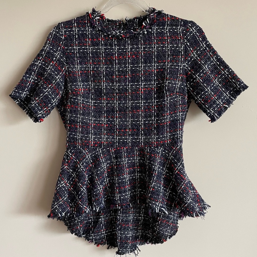 DO+BE Short Sleeve Tweed Peplum Top Frayed Edges High-Low Hem